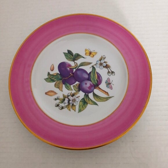 St. Limoges 7.5" Porcelain Plate Plum Fruit Center Mauve Rim Gold Trim - Picture 1 of 6